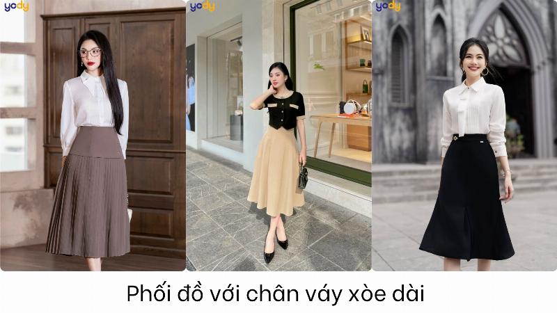 Phối đồ với chân váy xòe dài tinh tế cùng áo len mỏng và giày bệt, tạo nên vẻ ngoài thanh lịch dịu dàng cho mùa thu đông